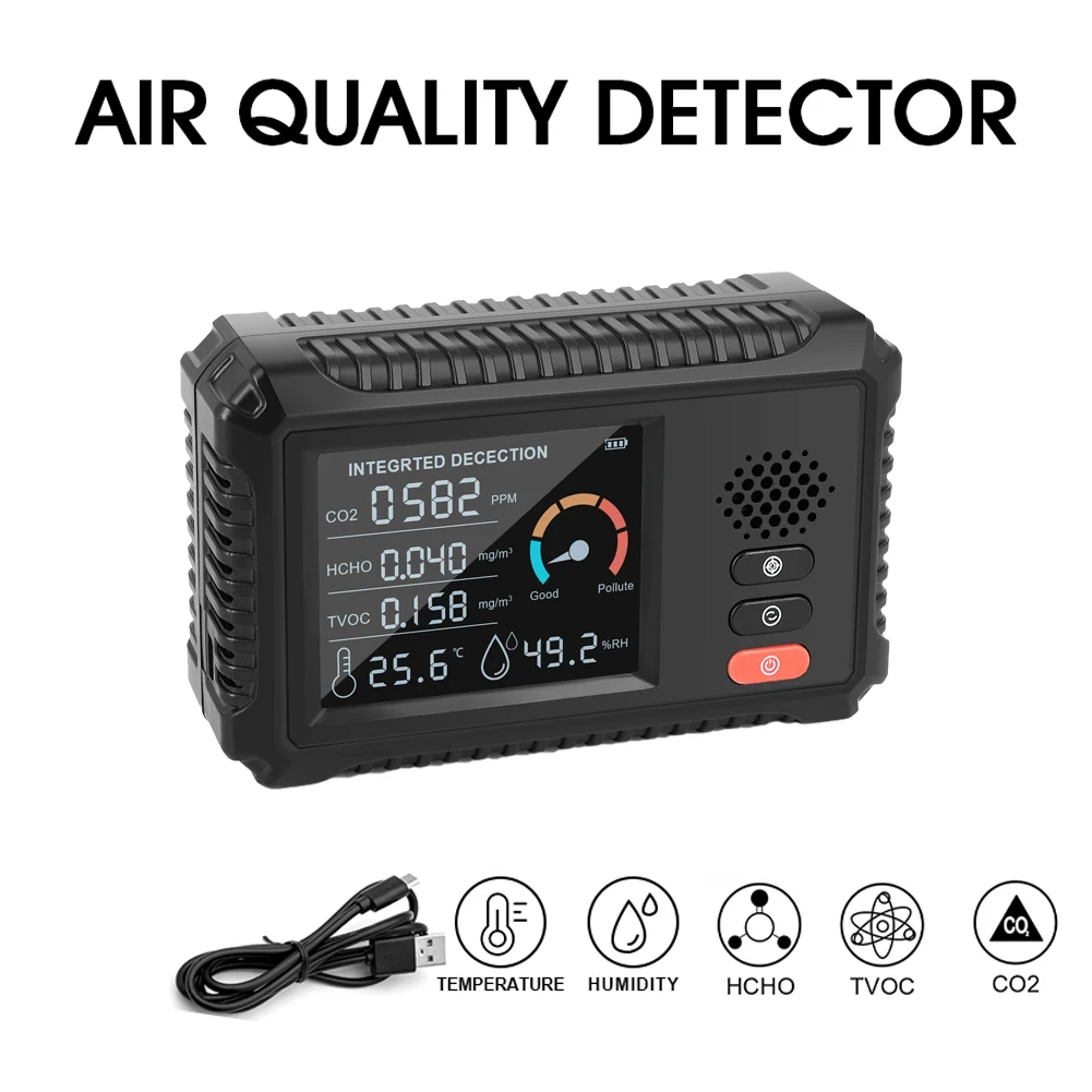 

Multifunctional 5in1 CO2 Meter Digital Temperature Humidity Tester Carbon Dioxide TVOC HCHO Detector Air Quality Monitor