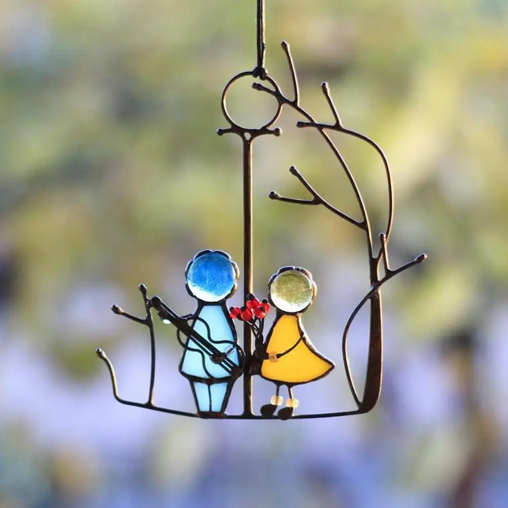 

Stained Glass Angels Couple Doll Window Hangings SunCatcher Art Hanging Pendant Wall Door Decoration For Home Ornaments