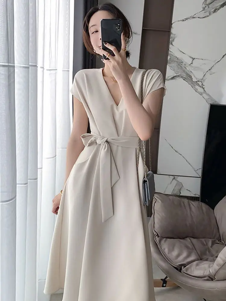 

Elegant V-Neck Women Dresses Short Sleeve High Waist Slim Female Lace Up Mid-Length Dress 2022 New Office Lady Vestidos