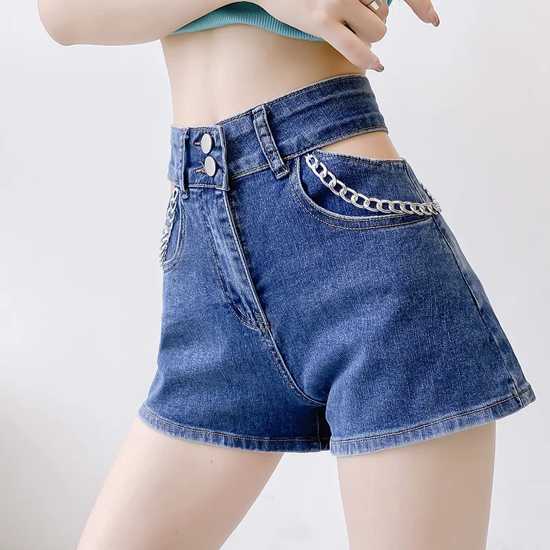 

Женские ажурные джинсовые шорты Y2K, летние однотонные синие джинсовые шорты-шаровары с высокой талией и цепочкой, женская уличная одежда, S022, 2022