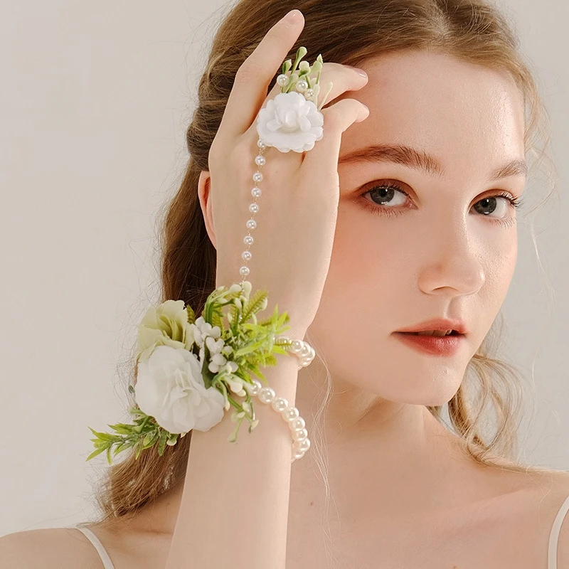 

MOGAKU Bridal Flowers Ring Bracelets Women Fashion Sweet Imitation Pearls Beads Bangles Bridesmaid Hand Jewelry Flower Chains