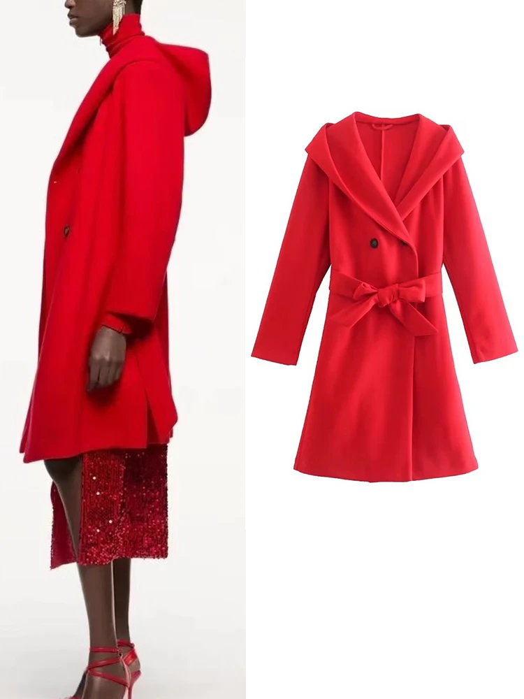 

TRAF Women Autumn Winter Thick Woolen Coats With Belt 2022 Casual Hooded Long Warm Jacket Pocket Ladies Elegant OverCoat