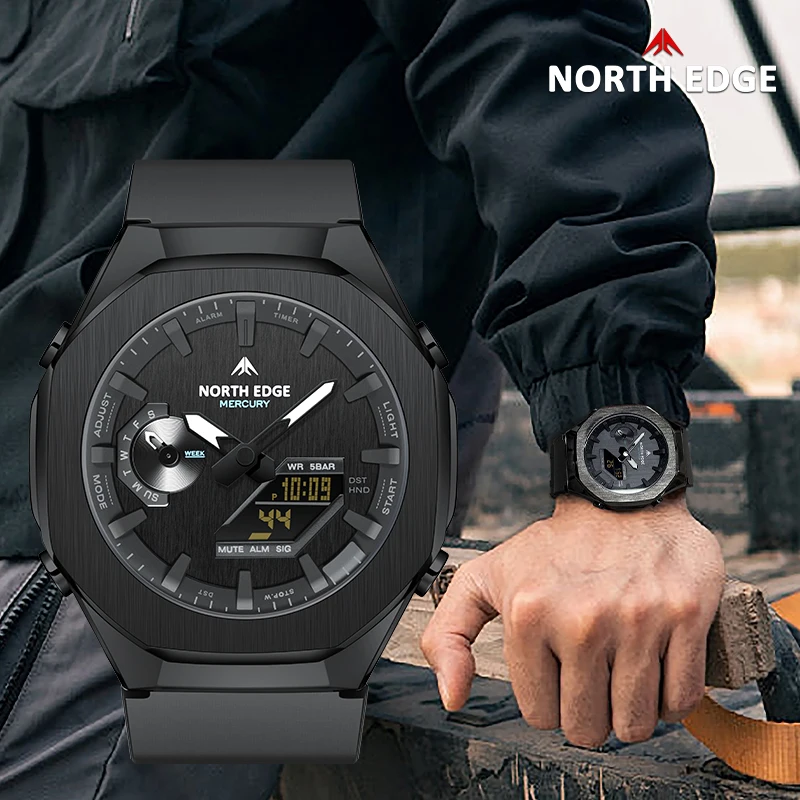 Фото Мужские цифровые часы NORTH EDGE MERCURY для активного отдыха, спортивные часы с мировым временем, LED-дисплей, водонепроницаемые до 50 м, будильник, секундомер №3