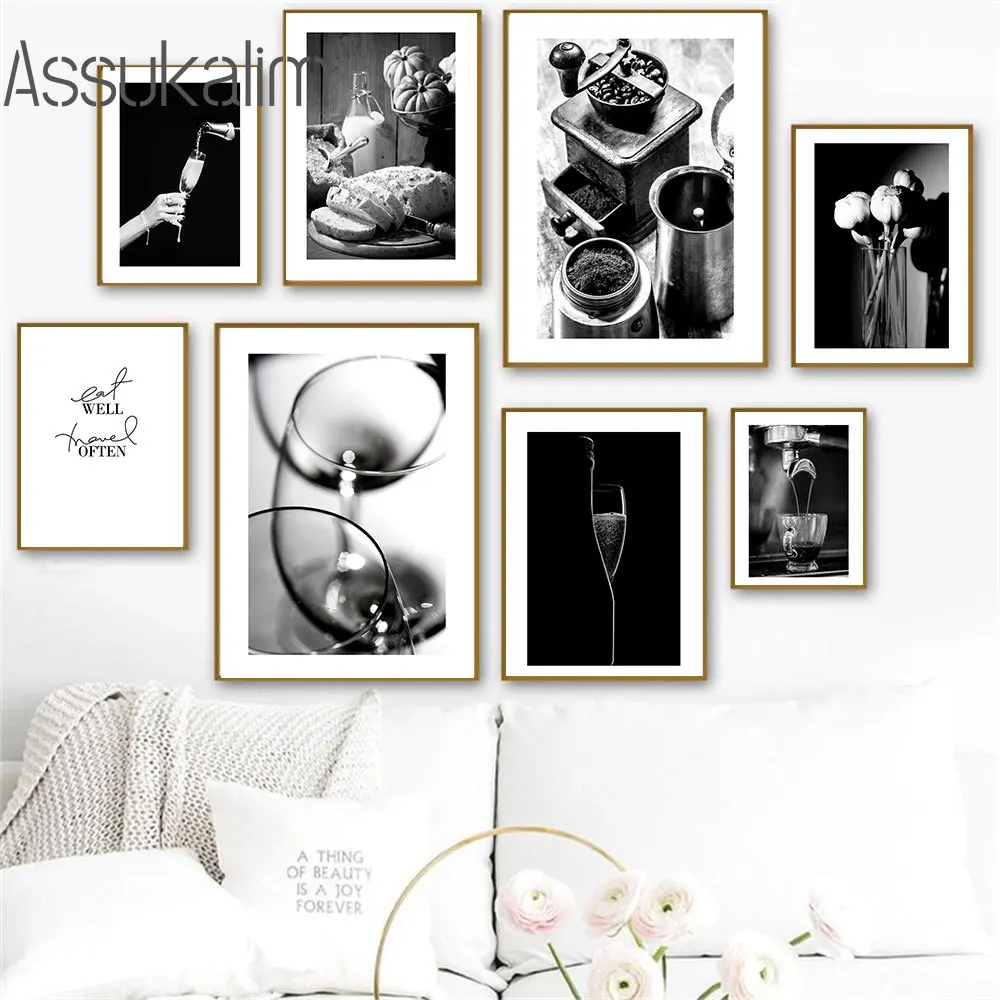

Coffee Shop Canvas Pictures Dinner Party Art Prints Modern Art Painting Nordic Black and White Wall Posters Dining Room Decor
