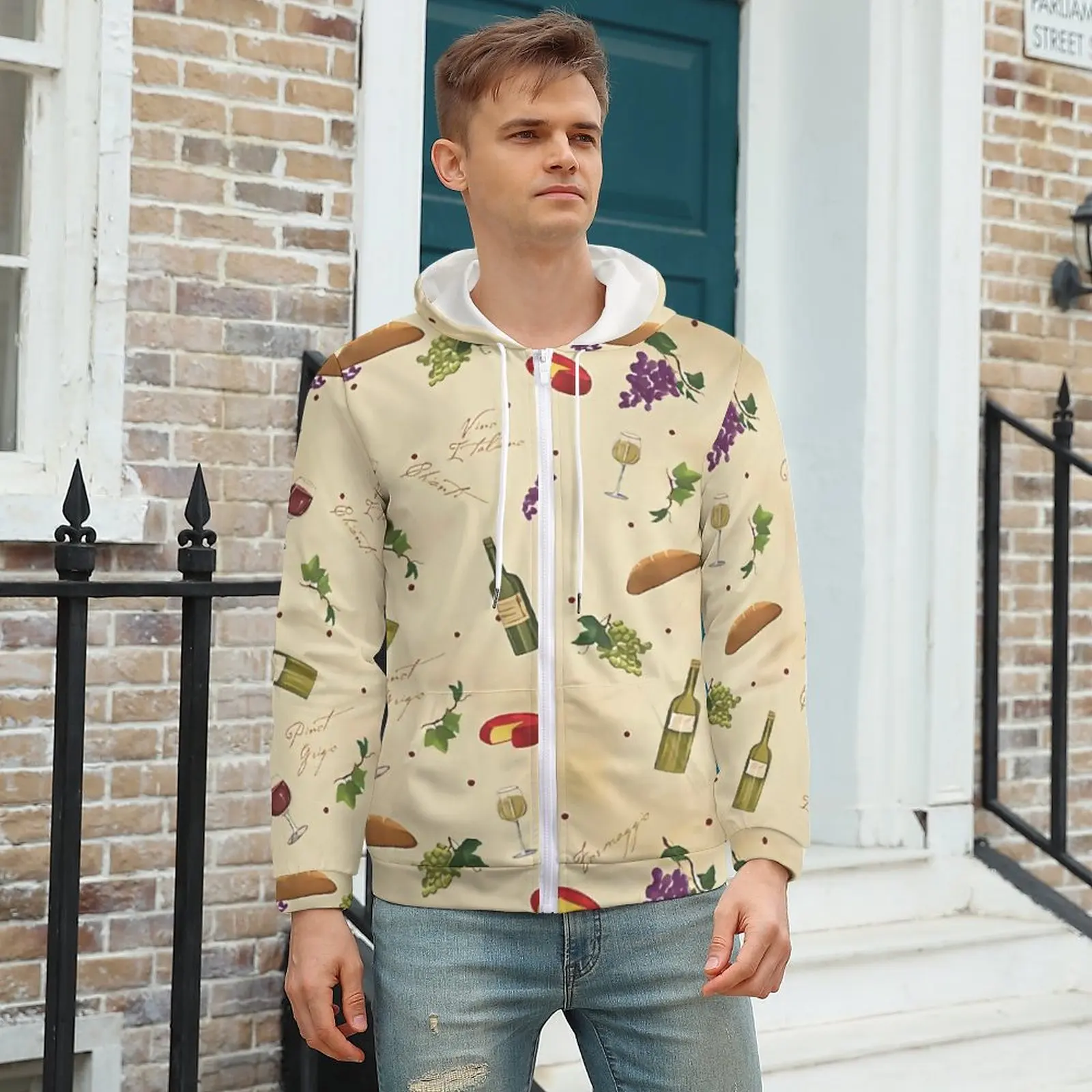 

Wine Pattern Hoodie Funny Food Print Popular Mens Hoodies Mens Warm Zip Up Hoodie Over Size