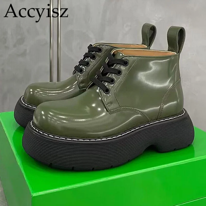 

Spring Flats Thick Bottom Real Leather Riding Boots Women Round Toe Lace Up Platform Shoes Solid Color High Top Casual Shoes
