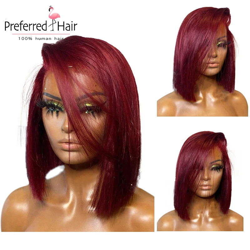 

Short Pixie Cut Straight Bob Prepluck With Baby Hair 4X4 Lace Front Closure Human Hair Wigs For Women 99J Burgundy Red Color