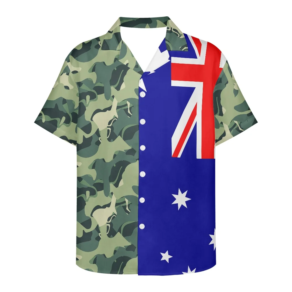 

Australian Flag Camouflage Asymmetrical Design Men Hawaiian Casual One Button Shirts Short-sleeve Beach Blouses Tops Camicias