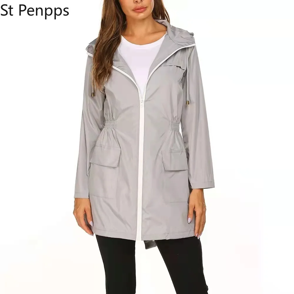 Женская ветровка дождевик Базовый стиль на молнии с карманами длинным рукавом