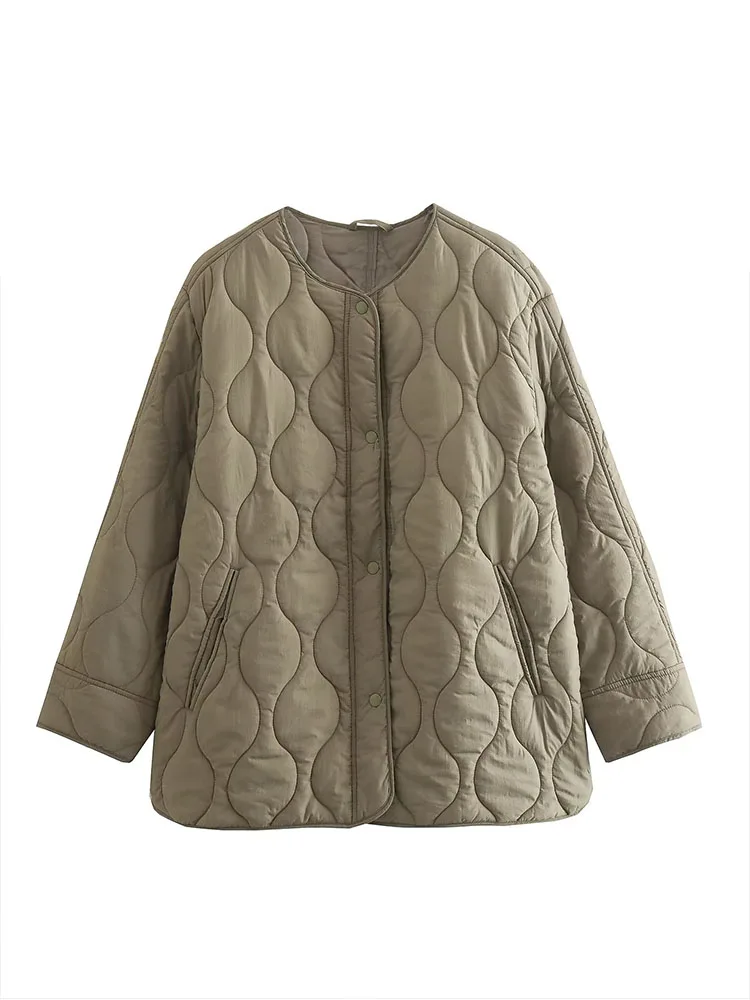 

Женская Стеганая куртка PB & ZA, винтажная Повседневная универсальная верхняя одежда с круглым вырезом и длинным рукавом, карманами и разрезом, шикарные топы