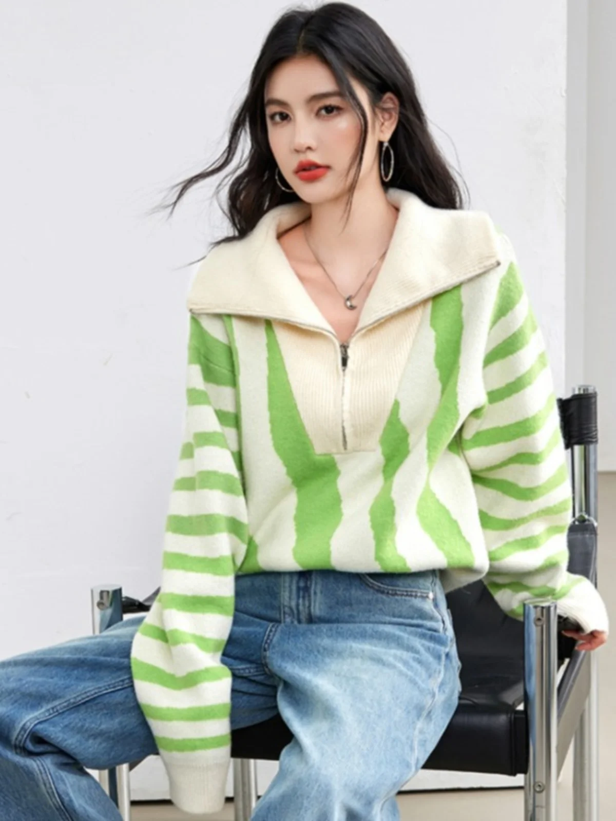 Американский свитер на молнии вязаная женская одежда осенне-зимняя базовая