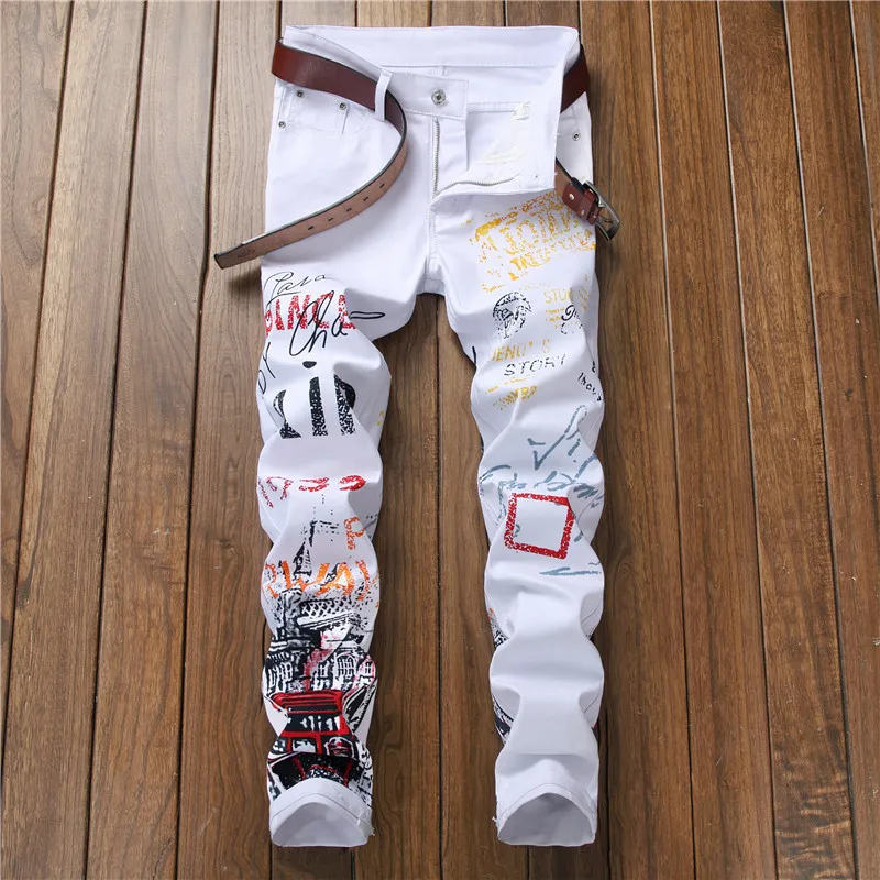 DEEPTOWN Character Graffiti Jeans Men Black White Denim Pants Streetwear Hip Hop Trousers Male Straight Fashion Printed Spring