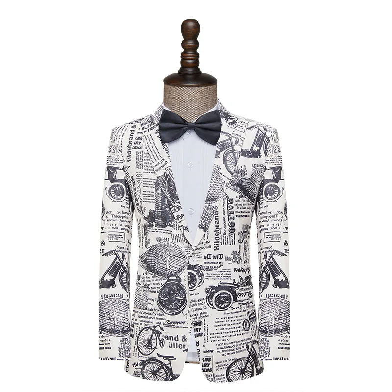 Мужской облегающий пиджак HOO 2023 с принтом газеты блейзеры для певицы танца