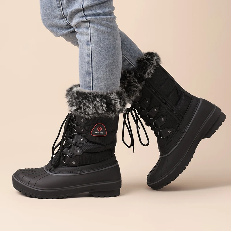 

Dream Pairs Winter Snow Boots Women's Warm Faux Fur Lined Mid Calf Cold-weather boot Rubber Sole Waterproof Shell Bottom Shoes