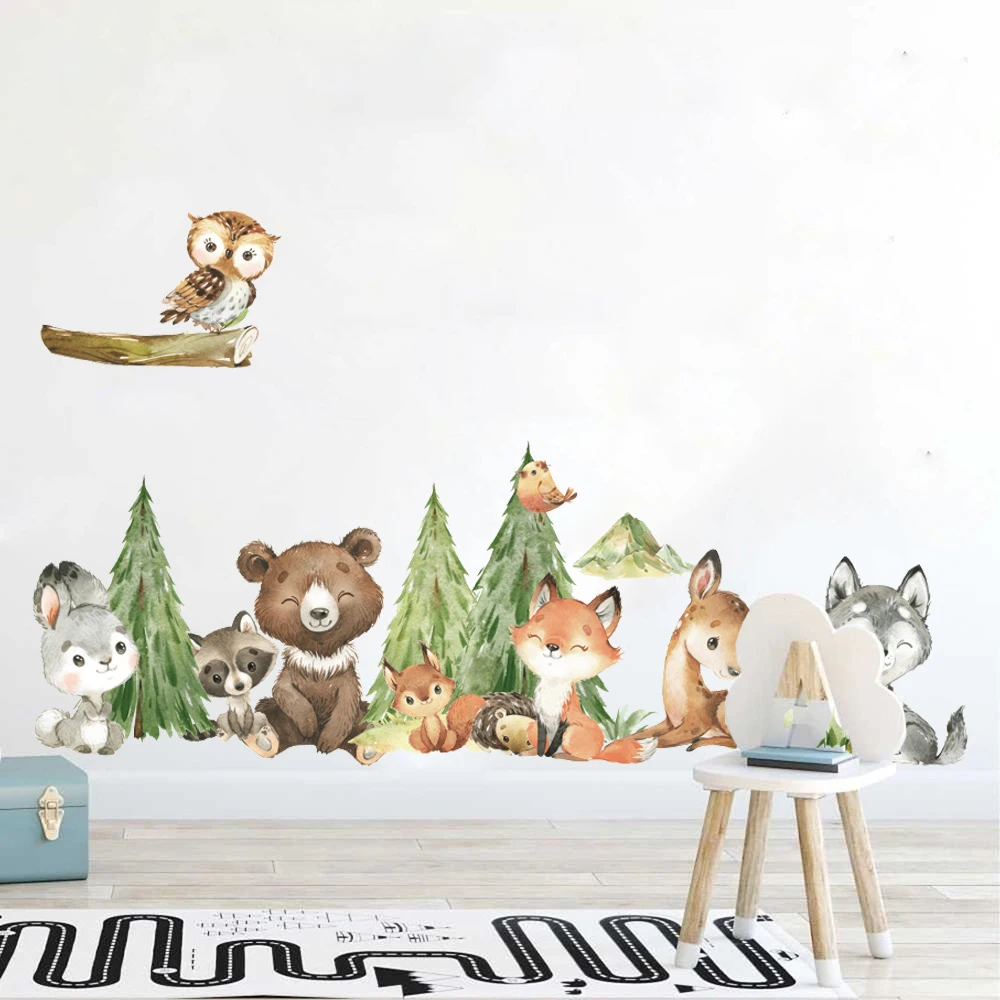 Мультяшная акварель лес животное стикер на стену детская комната сосна птица