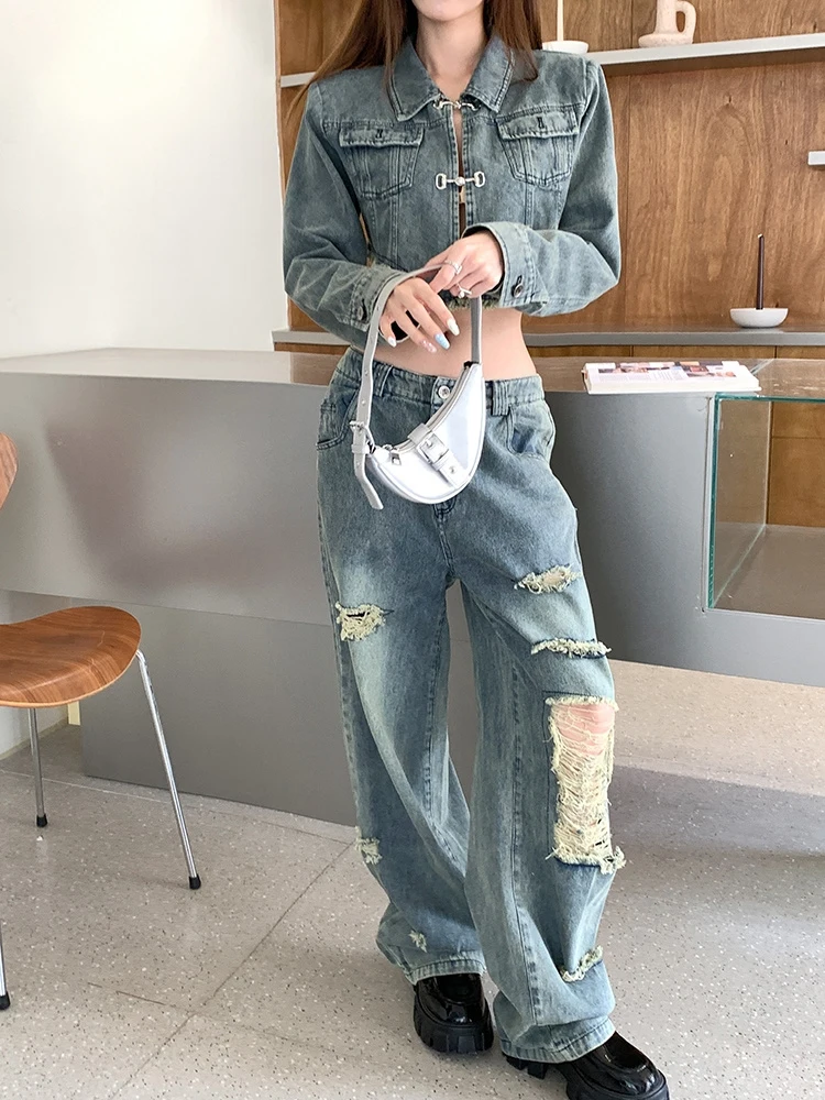 

2023 Spring High Waist Ripped Denim Pants Loose Wide Leg Straight Mopping Female Jean Trousers American Style Vintage Streetwear