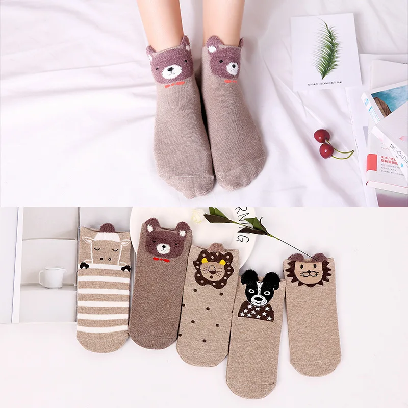 5Pairs/set Cartoon Women's Socks Casual Boat Socks 3D Pack Harajuku Animal Cute Invisible Funny Girl Ankle Sock Low Tube Hosiery