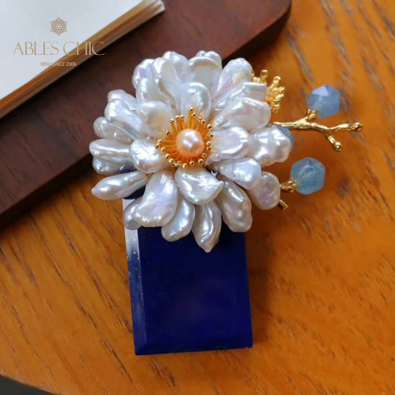 Gold Tone Copper Lapis Lazuli Baroque Daisy Pendant Flower Brooch Pins L1S2N31042