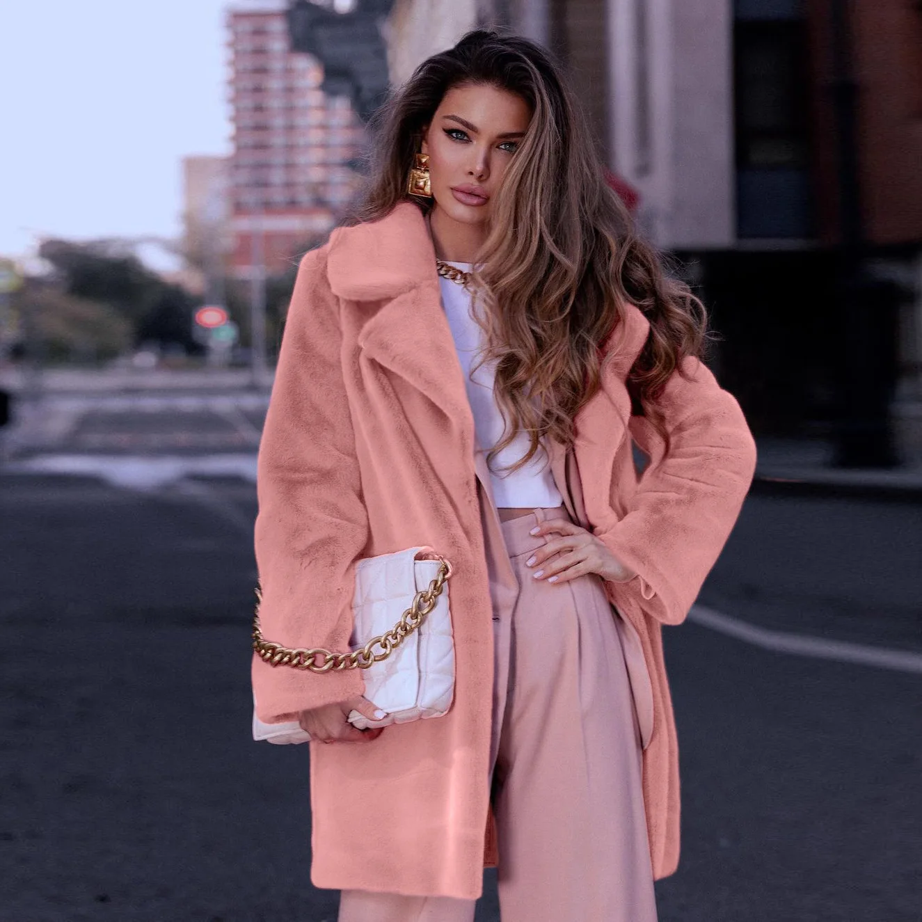 Women's Leather Fur Coat Mid-Length Imitation Fur Coat Top Women's Autumn and Winter Plush Faux Fur Coat