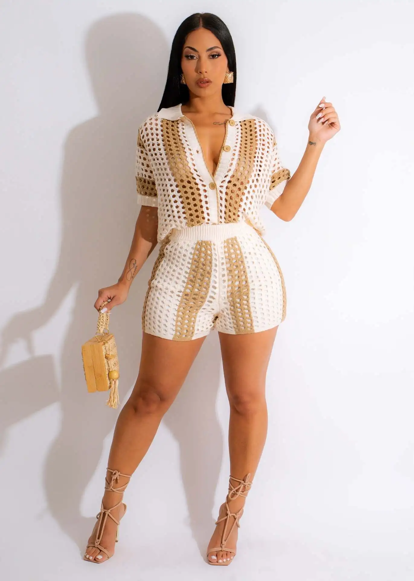 

Summer Women's Sexy Women Hollow-Out See Through Lapel T-Shirt Knitted Shorts Two-Piece Fashion Casual Color Matching Shorts Set