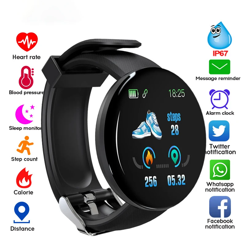

Умные часы D18 с пульсометром и тонометром, фитнес-трекер для мужчин и женщин, смарт-браслет, водонепроницаемые спортивные Смарт-часы для Android...