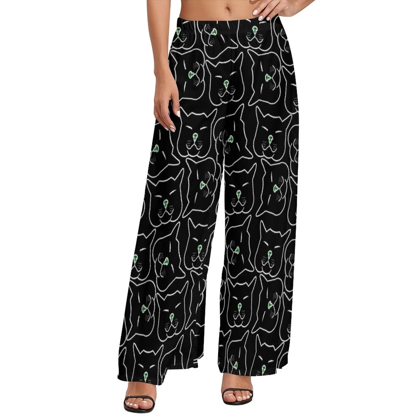 

Black Cat Faces Pants Spring High Waist Abstract Animal Print Casual Wide Leg Pants Oversized Harajuku Print Straight Trousers