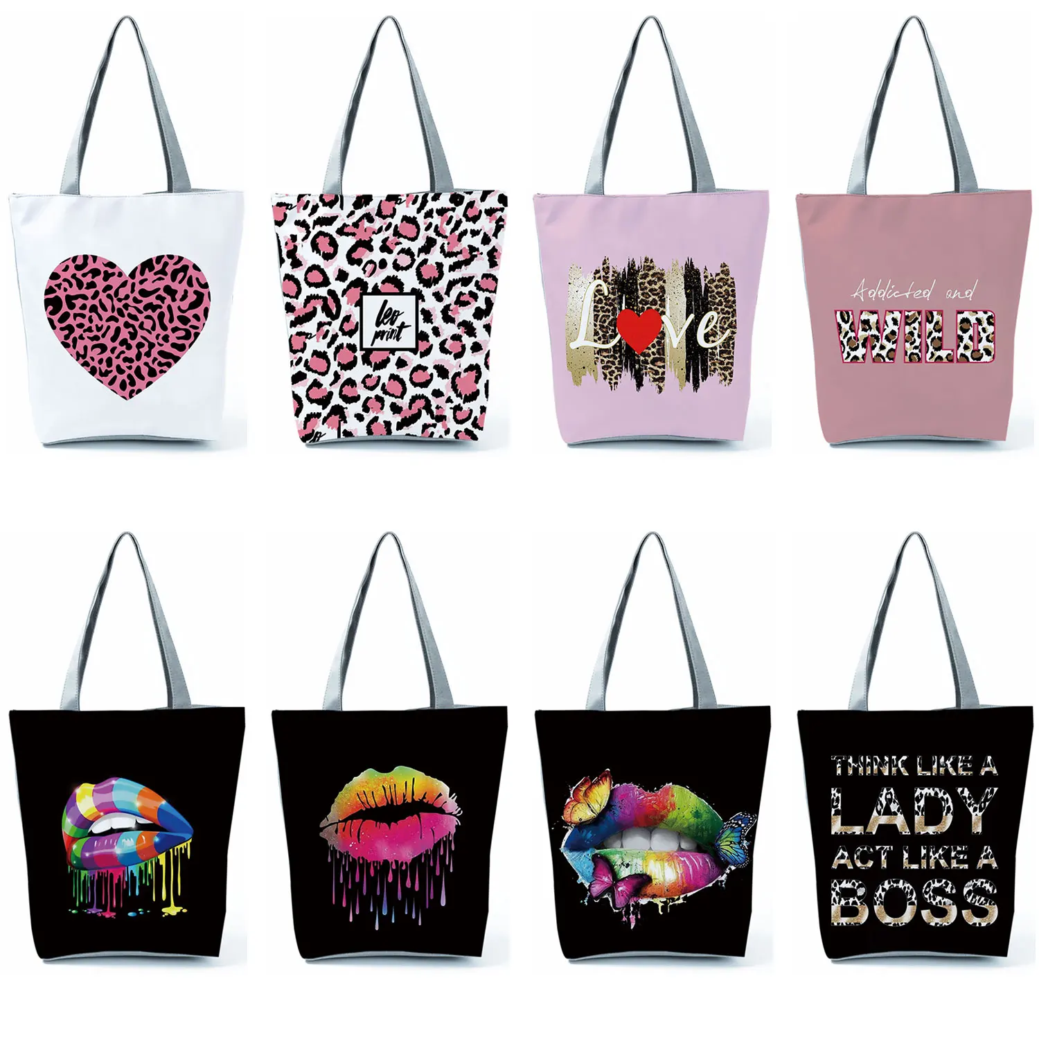 

Custom Pattern Reusable Shopping Bag Folding Women Travel Beach Bag Totes Portable Casual Leopard Shoulder Bags Travel Beach Bag