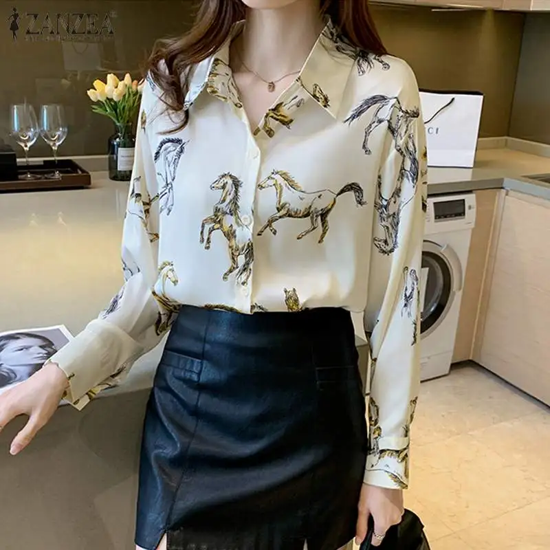 

Bohemian Blouse ZANZEA Retro Horse Printed Chemise Spring Loose Elegant Lady Clothing Women Casual Female Work Office Tunic Tops