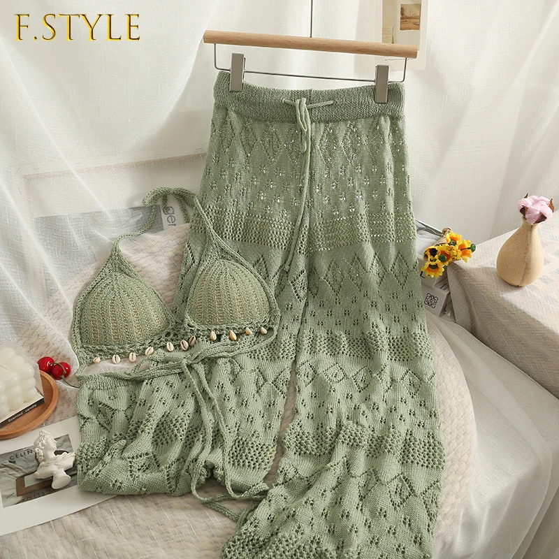 

F GIRLS Holiday Style Suit Women Summer 2022 New Bow Tie Neck Wrap Chest Suspender High Waist Loose Hollow Out Wide Leg Pants