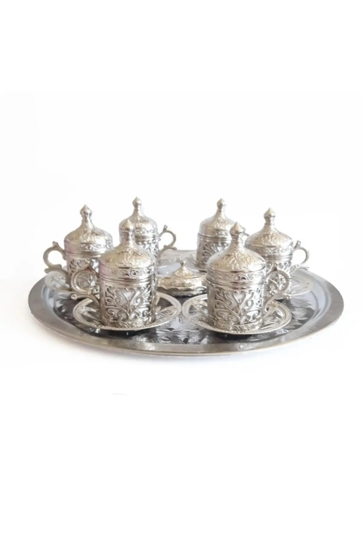 

6 People Silver-Copper Ottoman Patterned Turkish Coffee Cup Set Tray Closet Set Porcelain 0-50 Coffee Cups