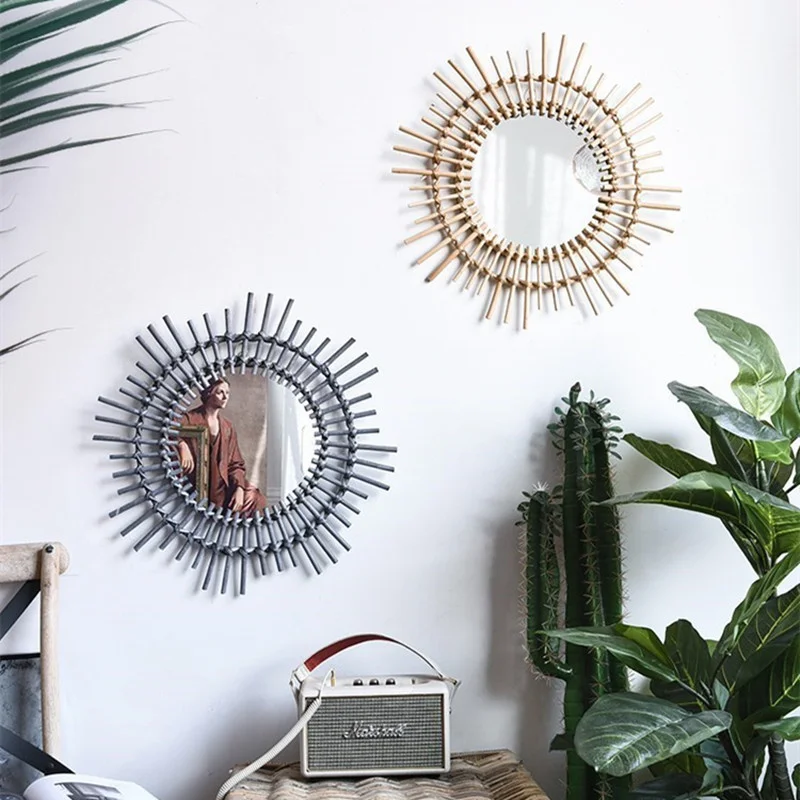 

Innovative Rattan Art Decoration Round Makeup Mirror Dressing Bathroom Wall Hanging Mirror Home Decorations R1625