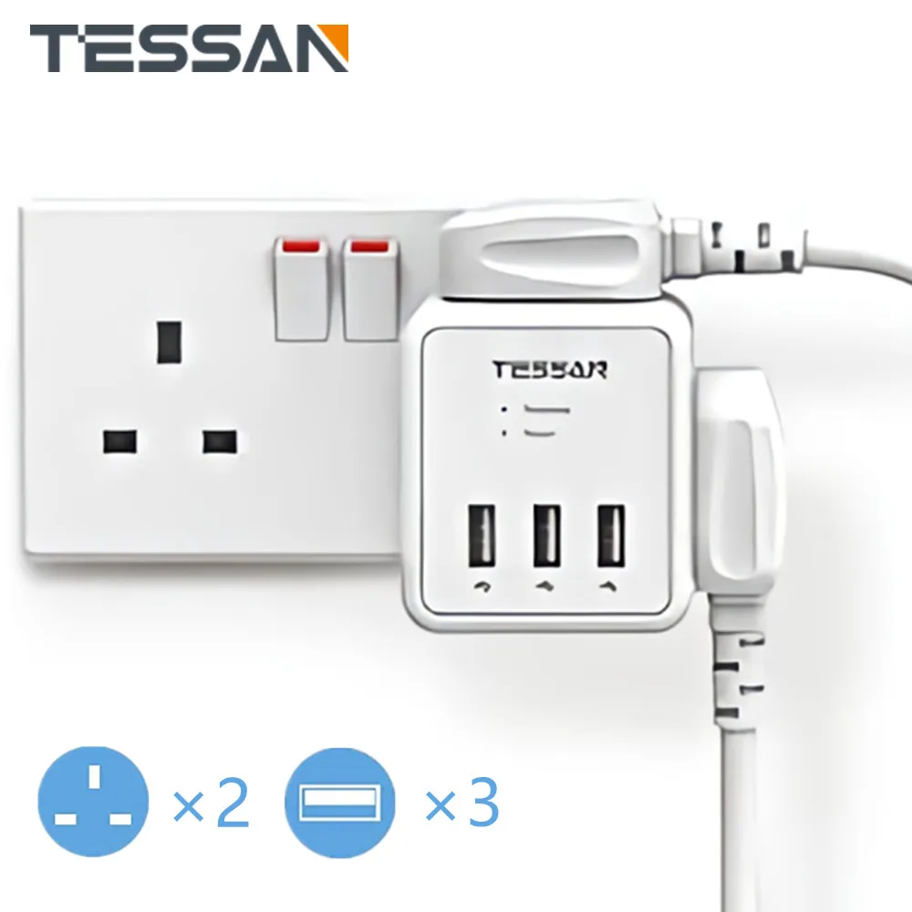 

TESSAN UK Wall Socket Extender Adapter Surge Protector Compact Cube Multi Plug with 2 AC Outlets and 3 USB Ports for Home/Office