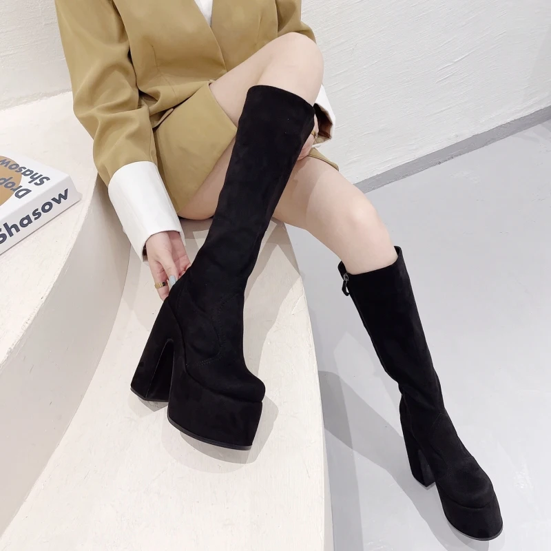 New Wild Suede Chunky High Heel Boots Women Chunky Heels Sexy Fashion Boots Shoes Size 35-42