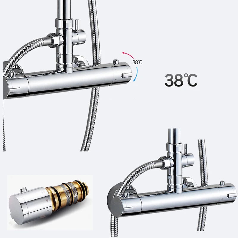 

Wall Mount 10 inch Thermostatic Bathroom Shower Faucet Mixer Taps Dual Handle with Hand Held Shower Chrome Finish