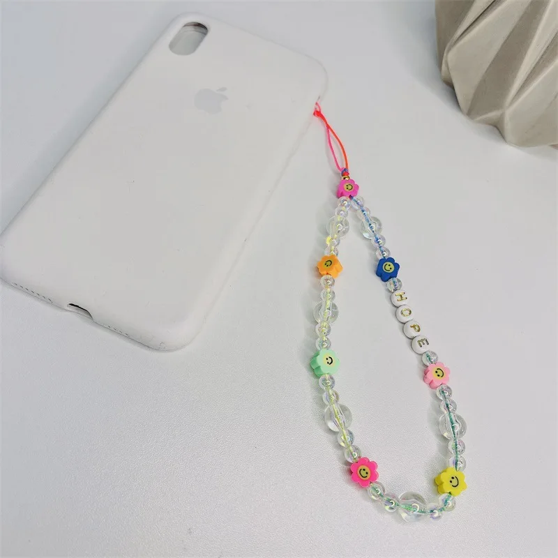 

Fashion Soft Pottery Sun Flower Smiley English Letters HOPE Acrylic AB Colorful Beads Mobile Phone Chain Exquisite Bracelet Girl