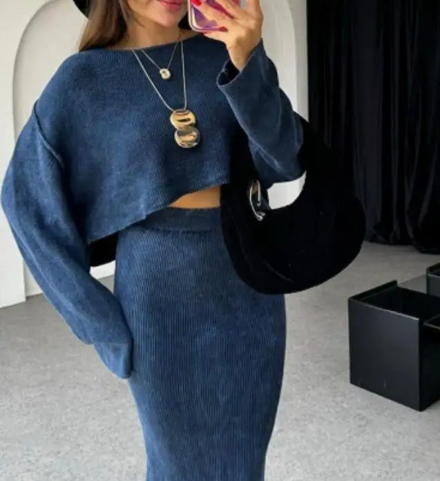 Женская Осенняя одежда модный топ с коротким рукавом и юбка высокой талией