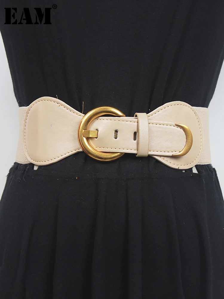 

[EAM] Pu Leather Apricot Brief Long Wide Elastic Belt Personality Women New Fashion Tide All-match Spring Autumn 2022 1DE6249