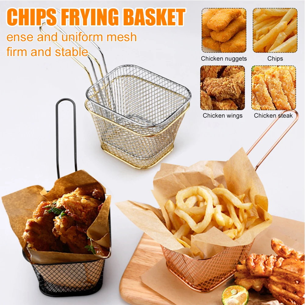 

Mini Square Fry Basket Metal French Fries Chips Holder with Handle Desk Food Presentation Mesh Basket Kitchen Accessories Tools