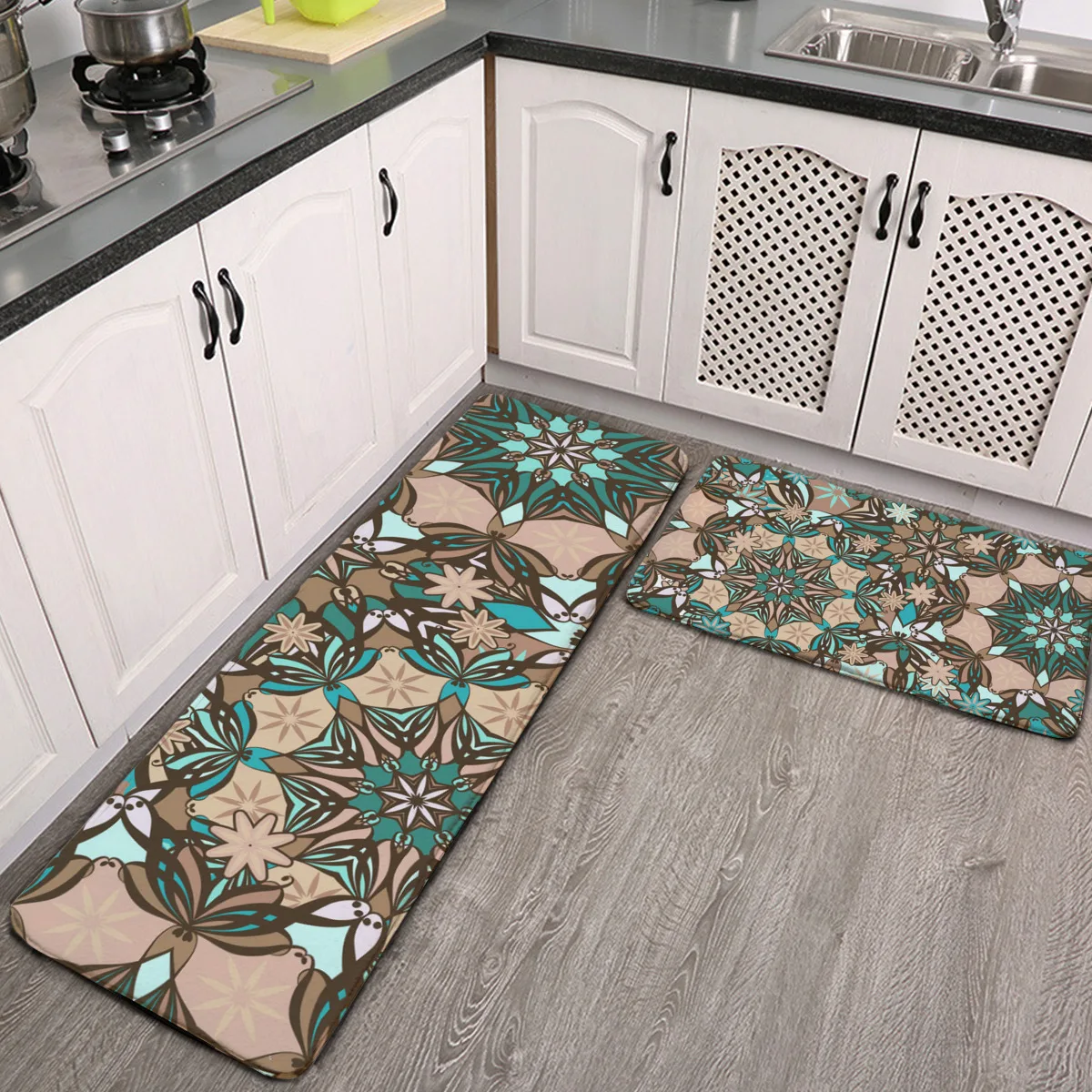 

2 Pieces Non-Slip Kitchen Rugs Teal Blue Brown Mandala Cushioned Anti Fatigue Kitchen Mats Durable Non-Skid Backing Mat for Door