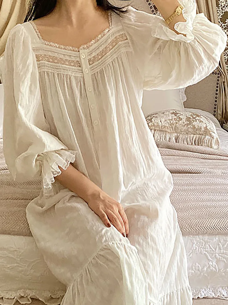 Women Pure Cotton Ruffles Vintage Nightgowns Robe Lace Fairy Long Sleeve Victorian Princess Sleepwear Sweet Night Dress Homewear