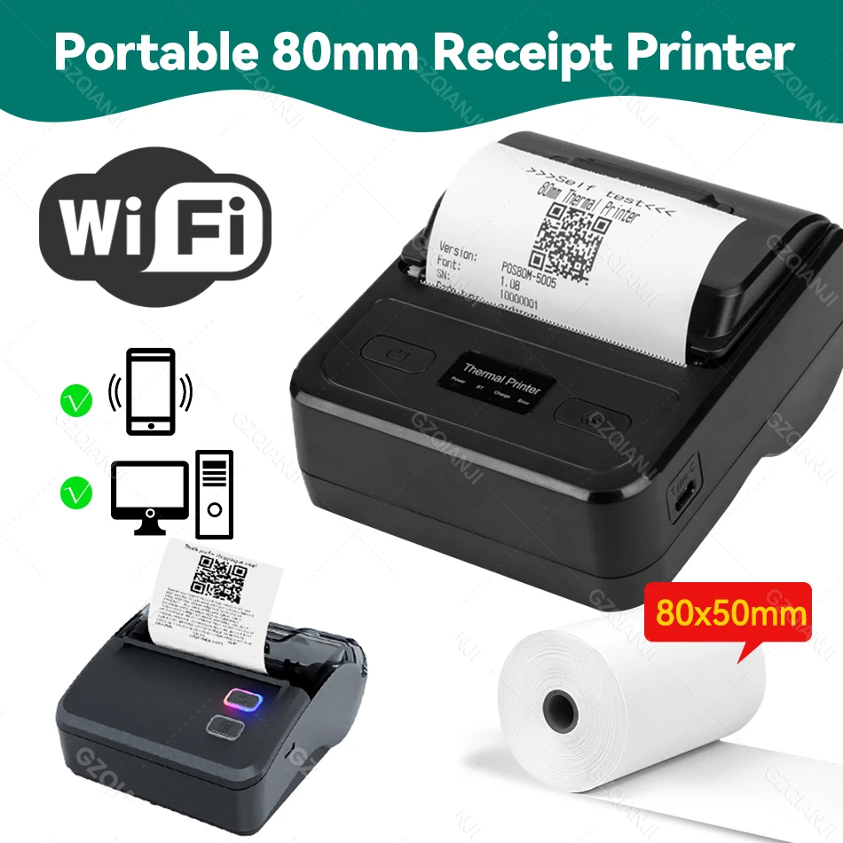 

Mini 80mm Portable Thermal Printer With Bluetooth / WiFi / USB Interface 3inch Bill Ticket Receipt Printer Mobile Impresora