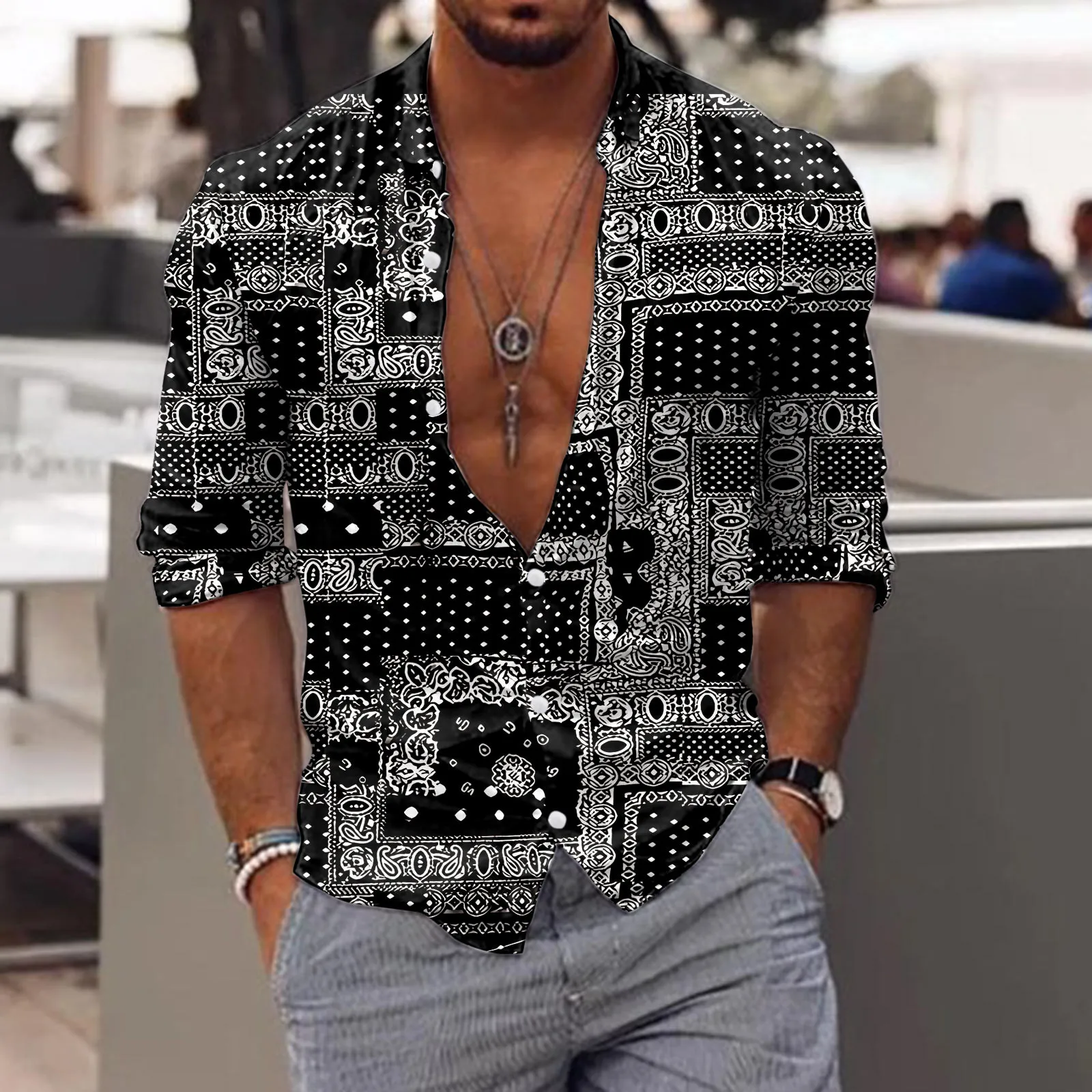 

Mens Crotch Shirt Men Long Sleeve Autumn Winter Casual Printed Shirts Fashion Top Blouse Shirts Star Glitter