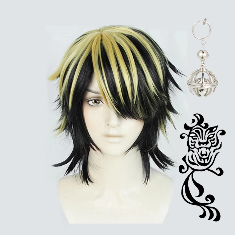 

Tokyo Revengers Hanemiya Kazutora Cosplay Wig Tokyo Manji Gang Captain Black Golden Heat Resistant Hair Wigs + Tattoo + Earring