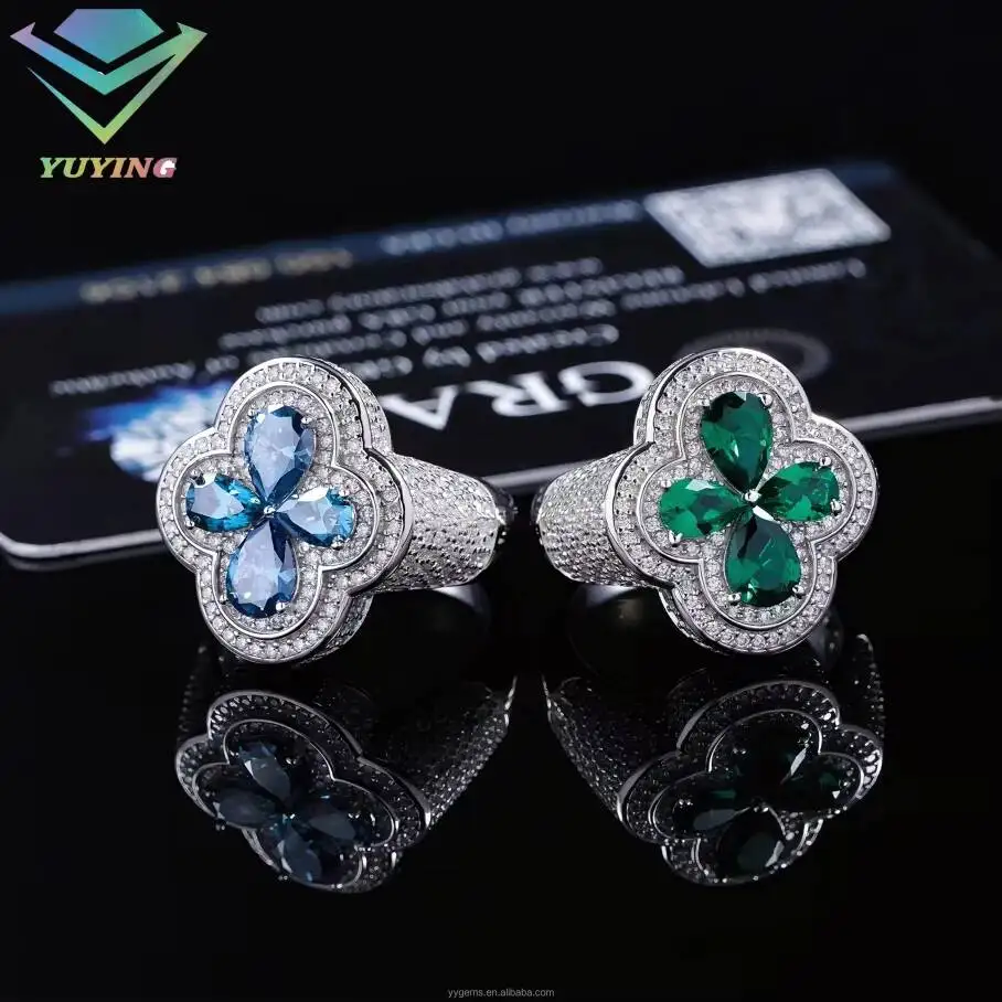 Фото Модное кольцо с муассанитом Fashion Clover, ювелирное изделие из стерлингового серебра 925 пробы, кольцо в стиле хип-хоп для мужчин и женщин, кубинское кольцо с муассанитом VVS, имитирующим бриллиант №5