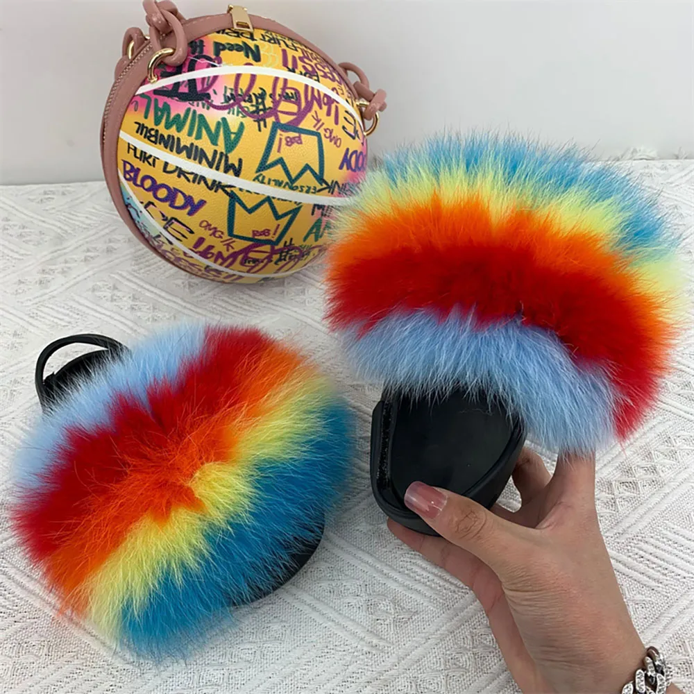 

New Children Fur Slippers Basketball Shaped Wallet Handbag Sets Kids Real Fluffy Fox Fur Slides Girl Graffiti Wallet Shoes Sets