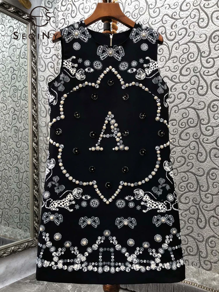

SEQINYY Black Vest Dress Summer Spring New Fashion Design Women Runway High Quality Crystal Bow Letter Print Sleeveless