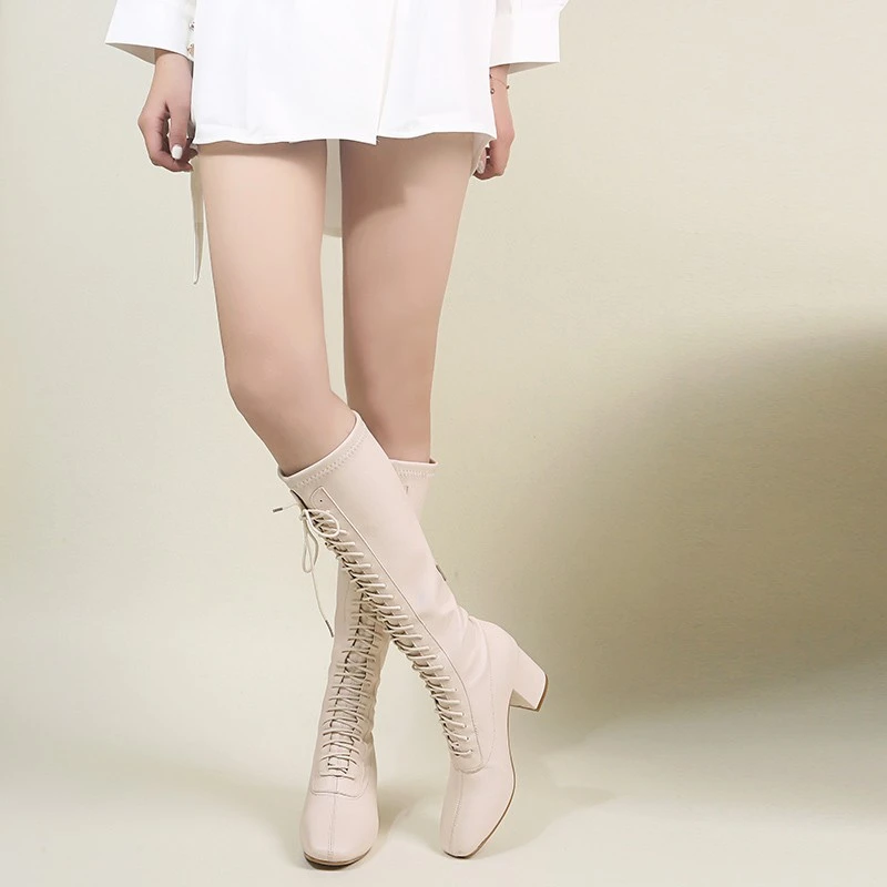 New 2022 Autumn Winter High Quality Leather Boots Women's High Heel Knee-High Boots Winter Lace Up Anti-slip Warm Boots