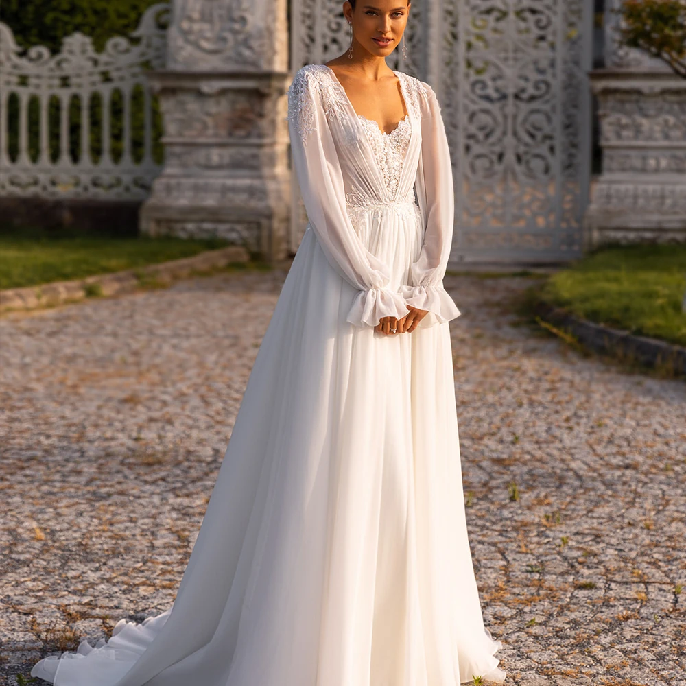 

Classic Bride Gowns Square Collar Long Sleeves Lace Up Backless Wedding Dresses Chiffon Sweep Train Appliue Vestido De Noiva