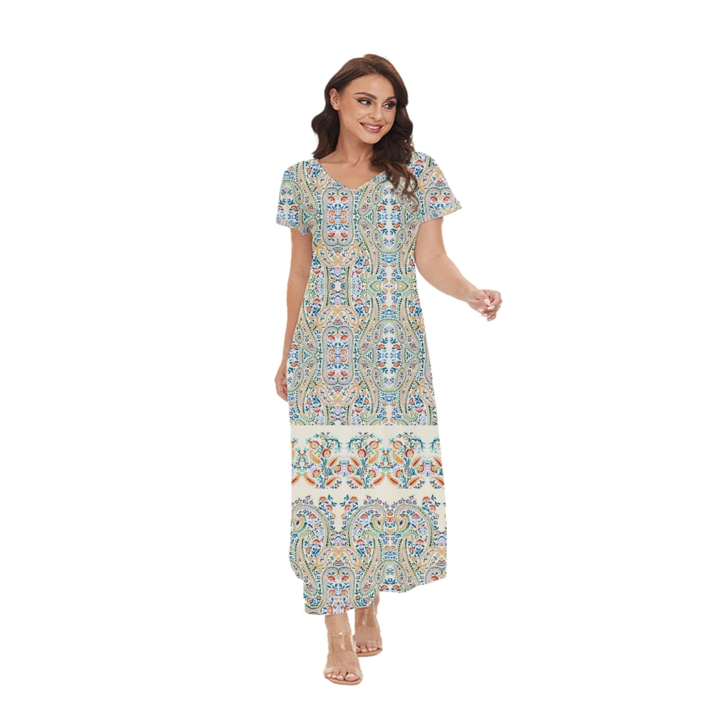 

Women Irregular Hem Neck Dresses Short Sleeve Causal Summer Vintage Stitching Printing Beach Dress Ladies Long Dresses