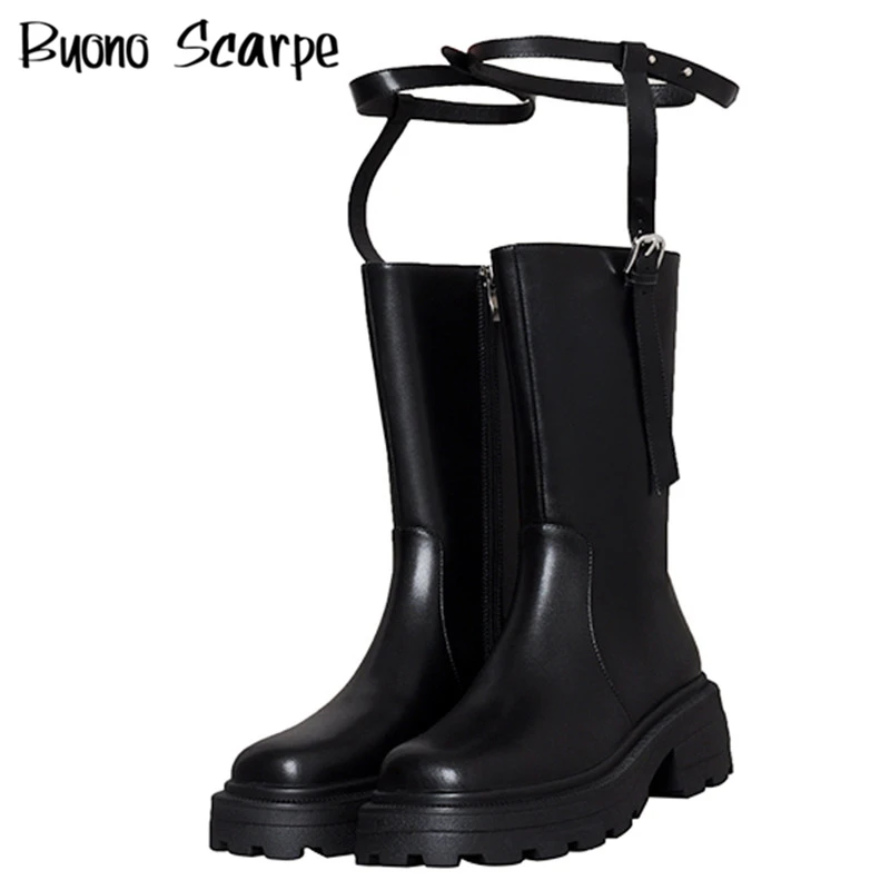 

Women Tied-Leg Chunky Platform Boots Genuine Leather Strappy Mid-Calf Boots Fashion Punk Motorcycle Boots Cool Girl Spice Boots